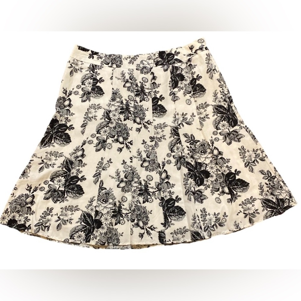 Ann Taylor LOFT 14P Linen Blend A-Line Cream Skirt with Black Floral Print EUC